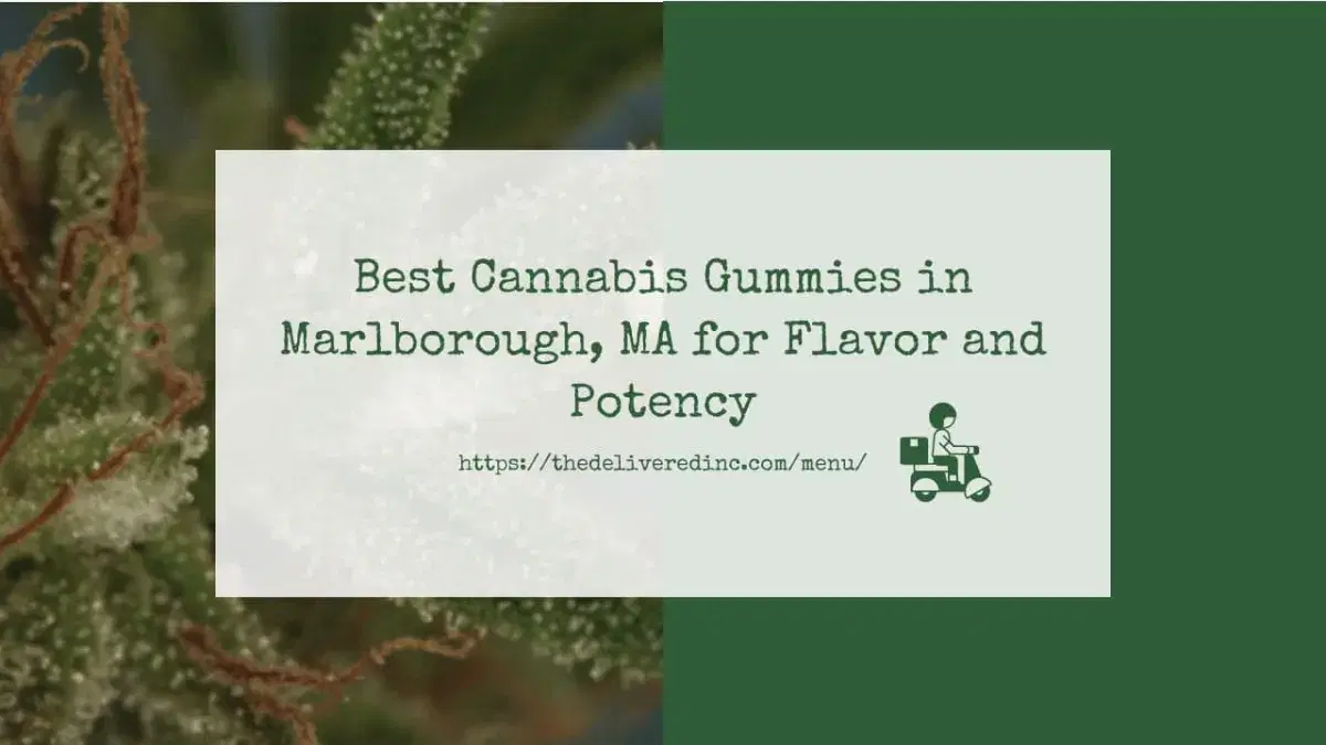 Title card reading 'Best Cannabis Gummies in Marlborough, MA for Flavor and Potency' over a close-up of a flowering cannabis plant