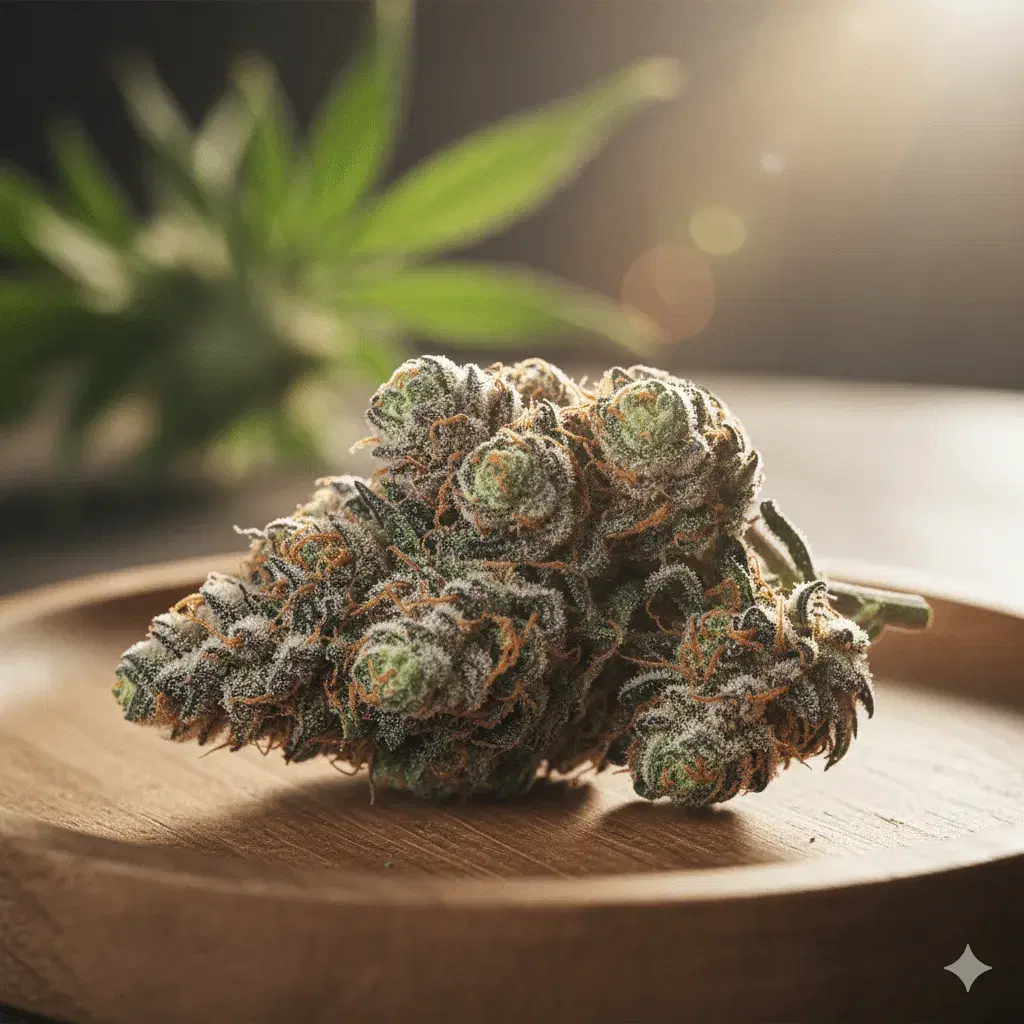 a pile of cannabis buds on a wooden board
