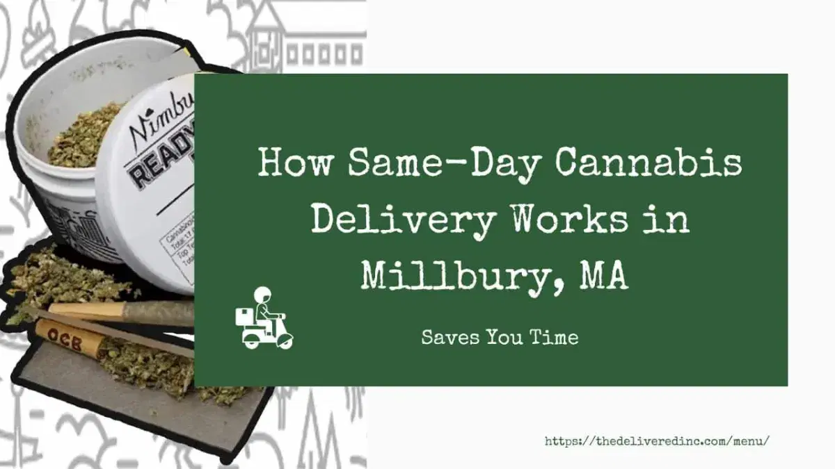 Title card reading 'How Same-Day Cannabis Delivery Works in Millbury, MA Saves You Time' beside a Nimbus ready-to-roll container with ground flower and rolling papers