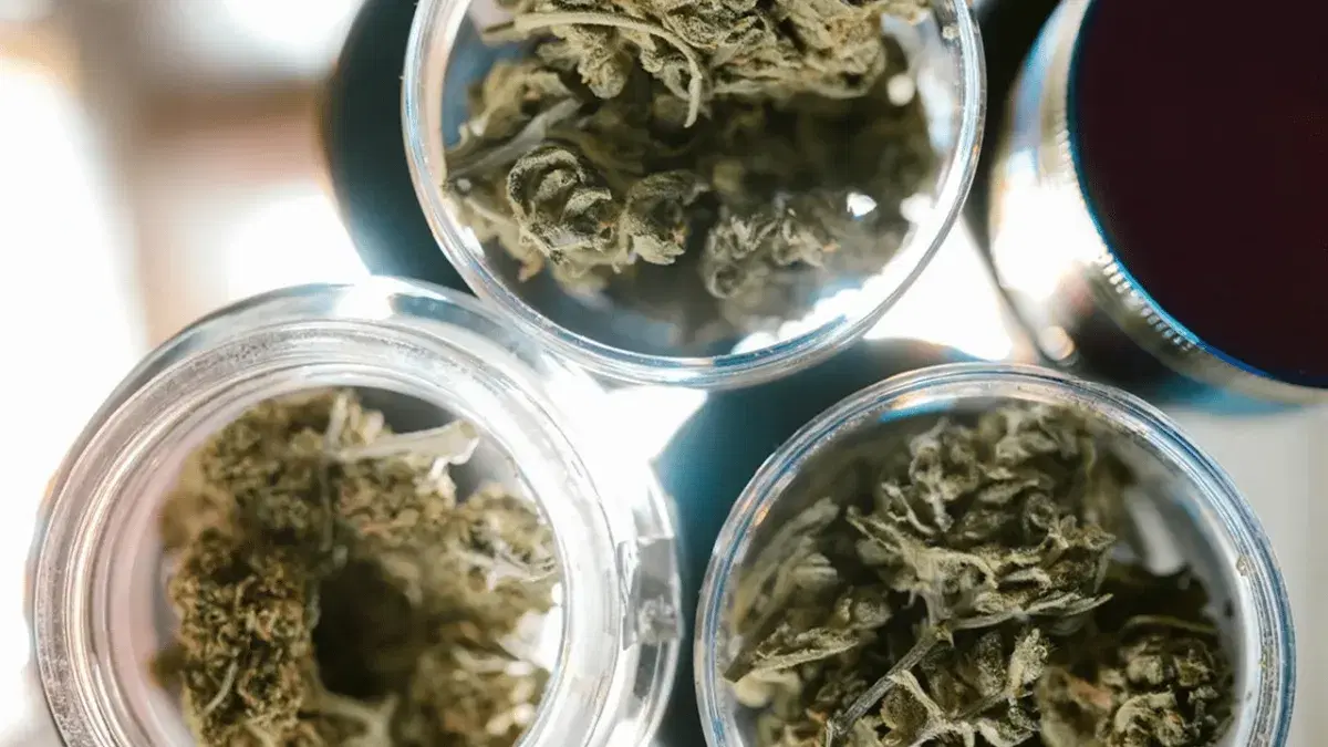 three glass jars of cannabis buds seen from above